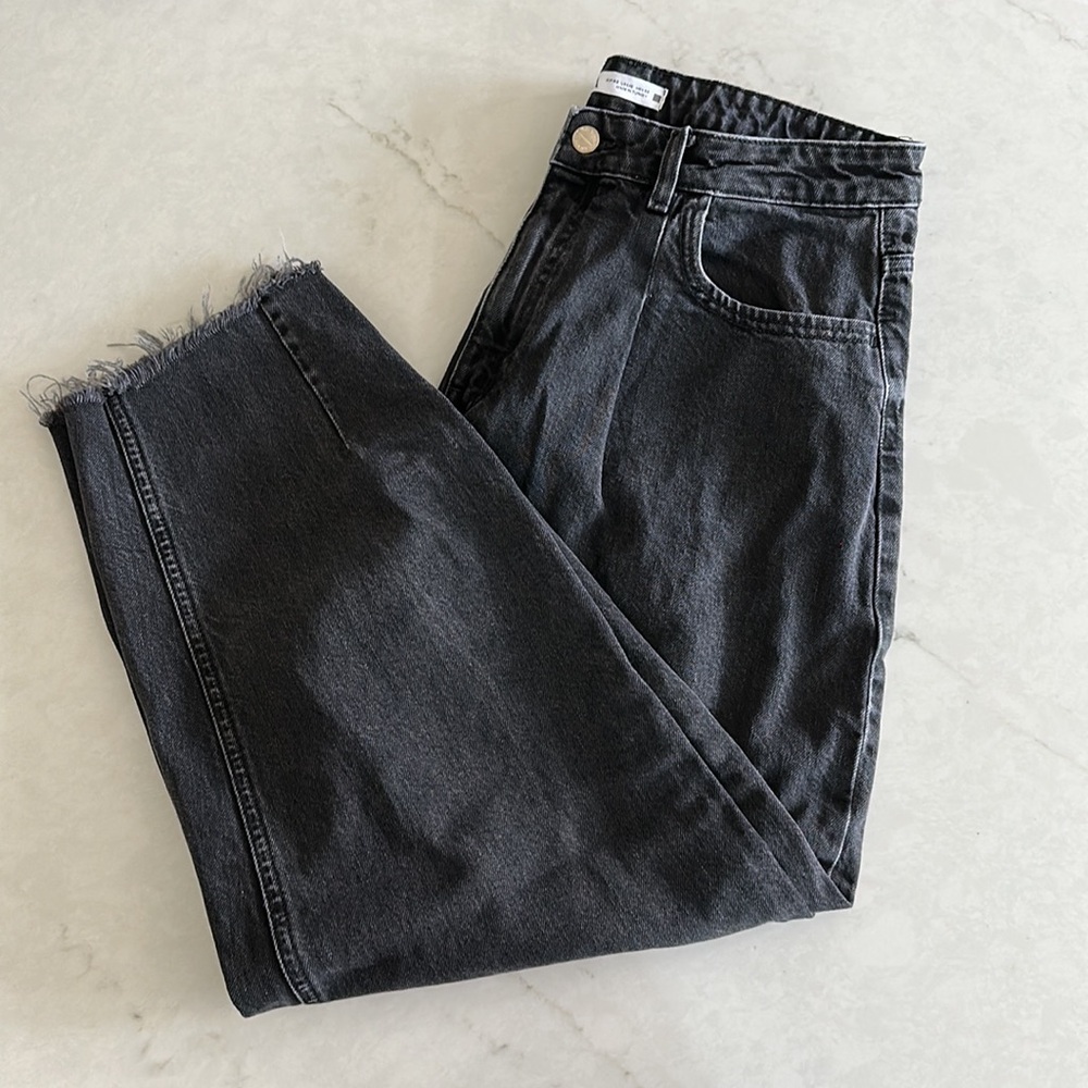 ZARA Washed Black Denim Mom Jeans Straight Leg